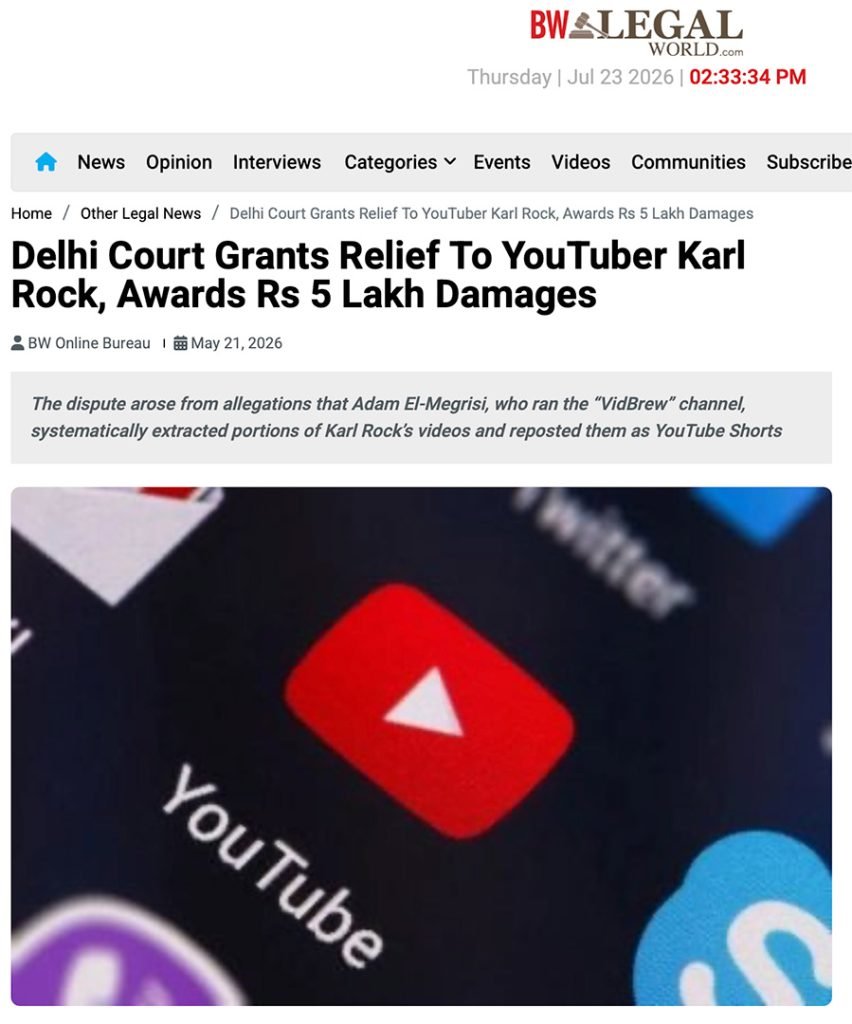 Delhi Court Grants Relief To YouTuber Karl Rock, Awards Rs 5 Lakh Damages news article